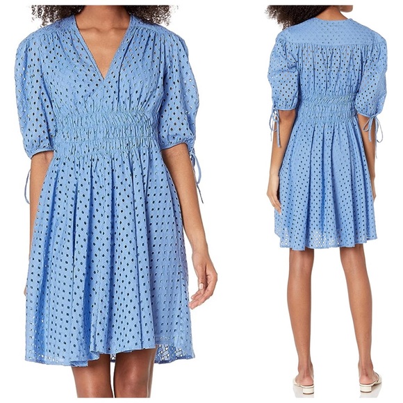 Taylor Dresses & Skirts - NWT Taylor Blue Tie Elbow Sleeve V-Neck Smocked Waist Cotton Eyelet Dress size 6